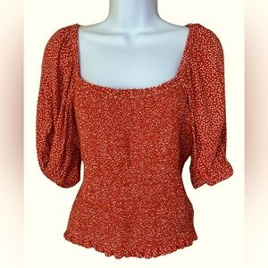 Loft Orange with White Polkadotted Smocked Blouse.  EUC!